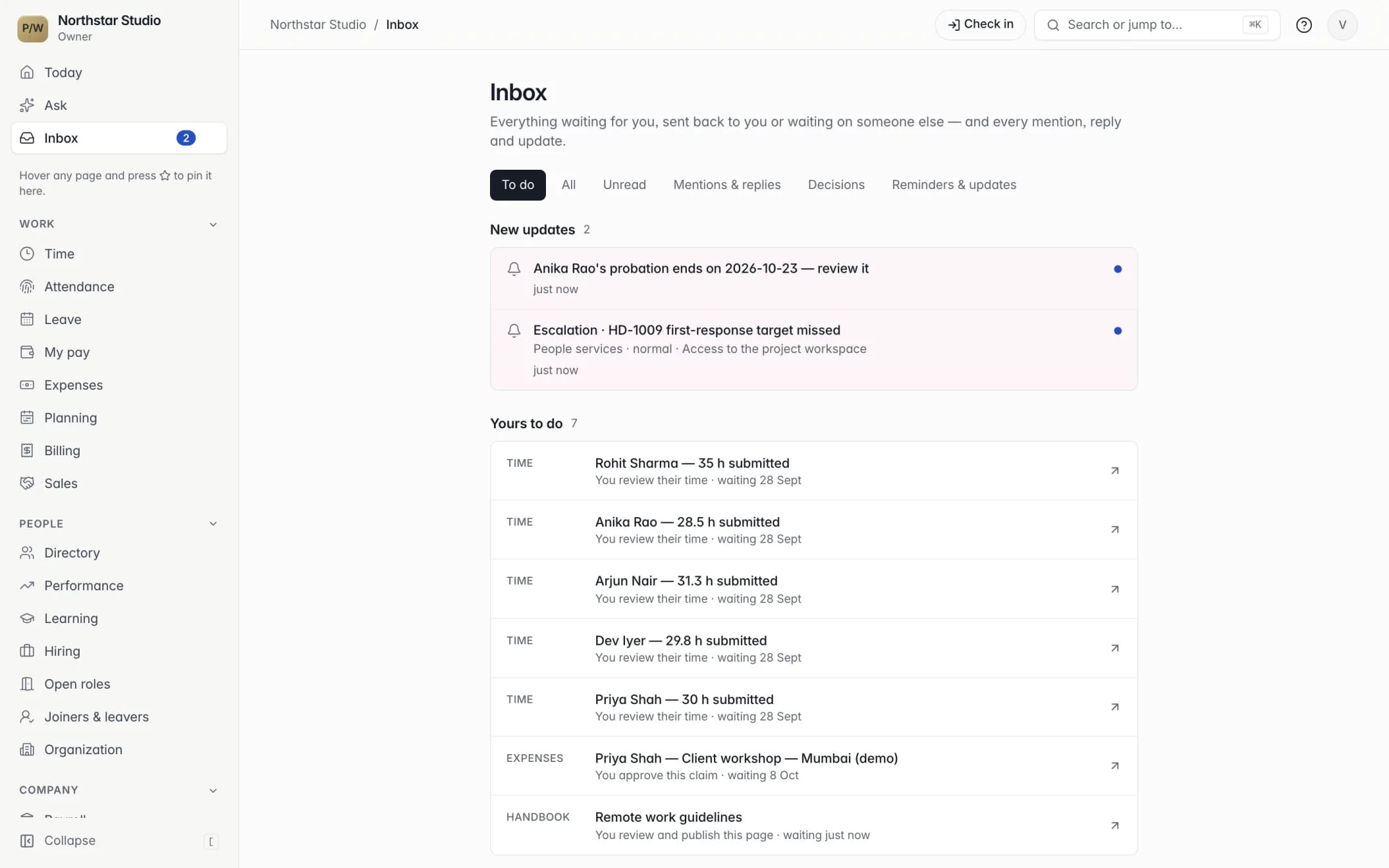 The inbox To do list with approvals from several modules