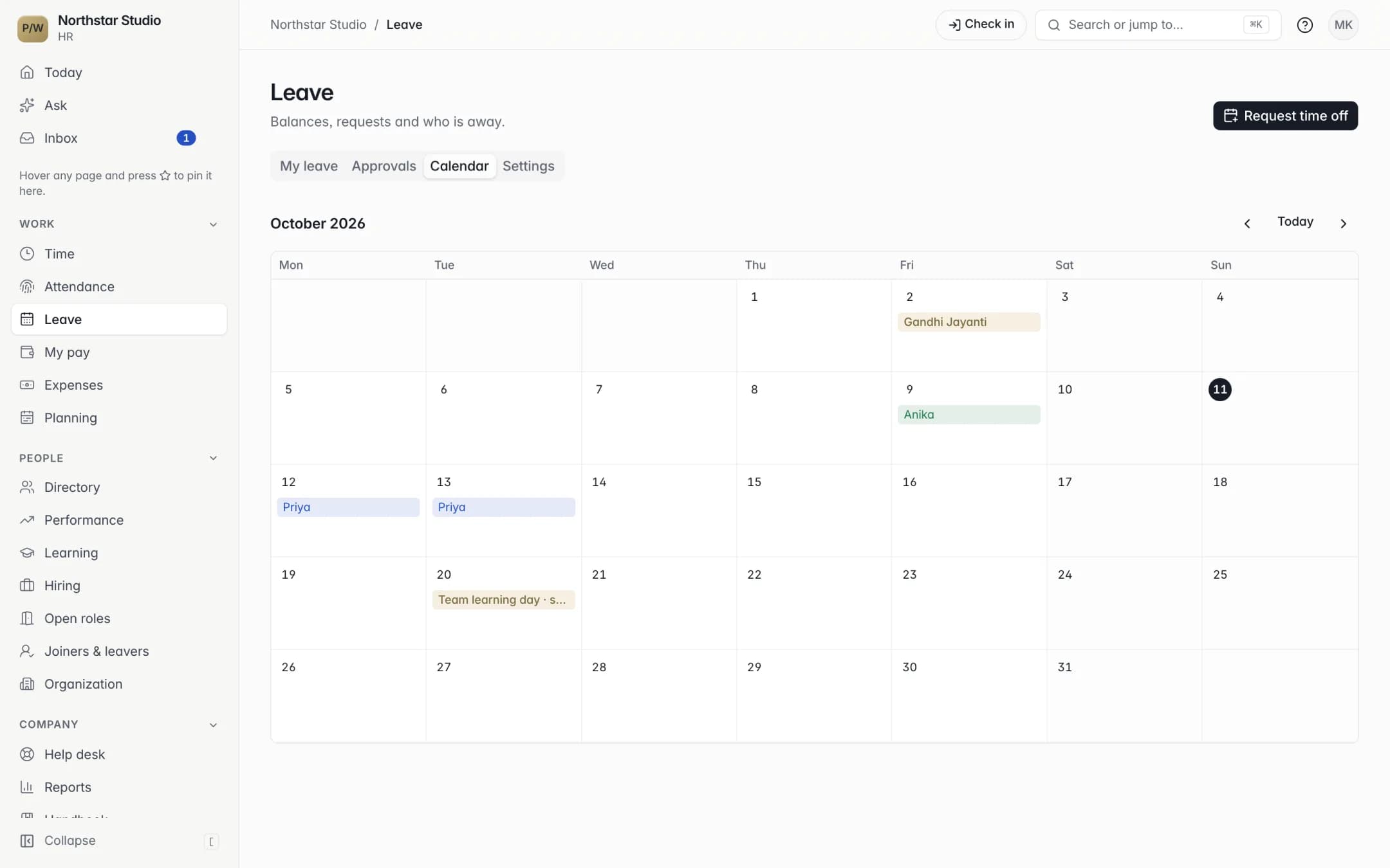 Leave calendar for October with people away and public holidays