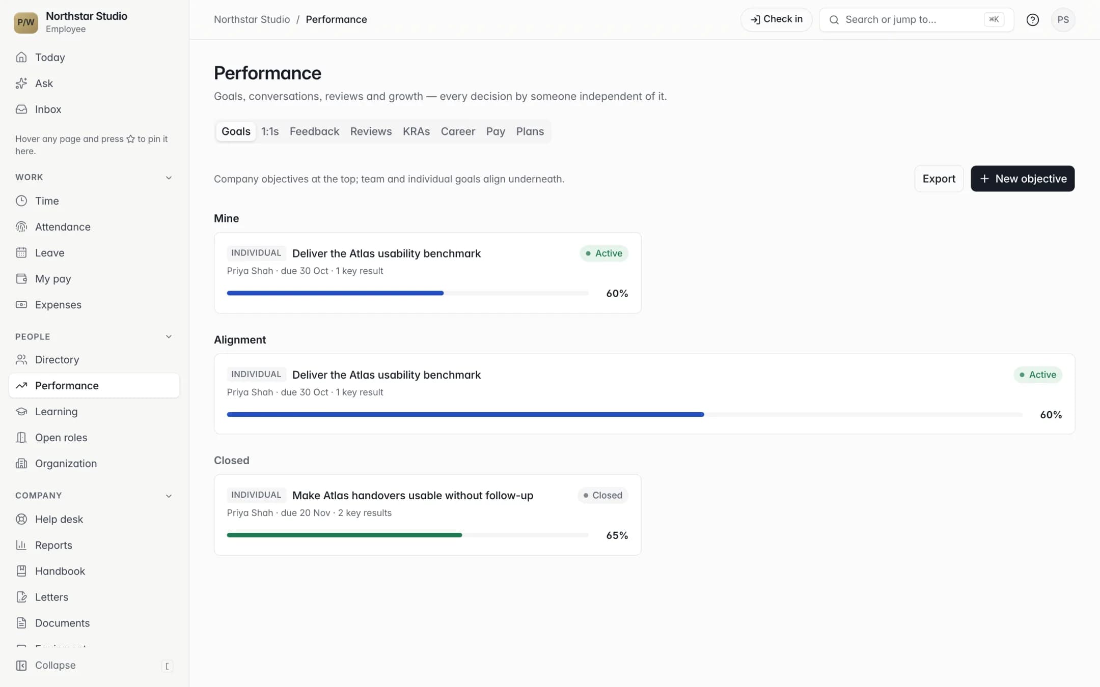 A person's objectives and key results with progress