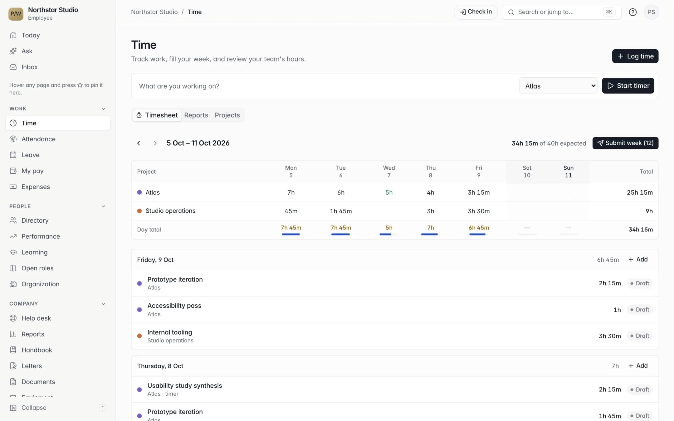 Weekly timesheet with hours by project and day