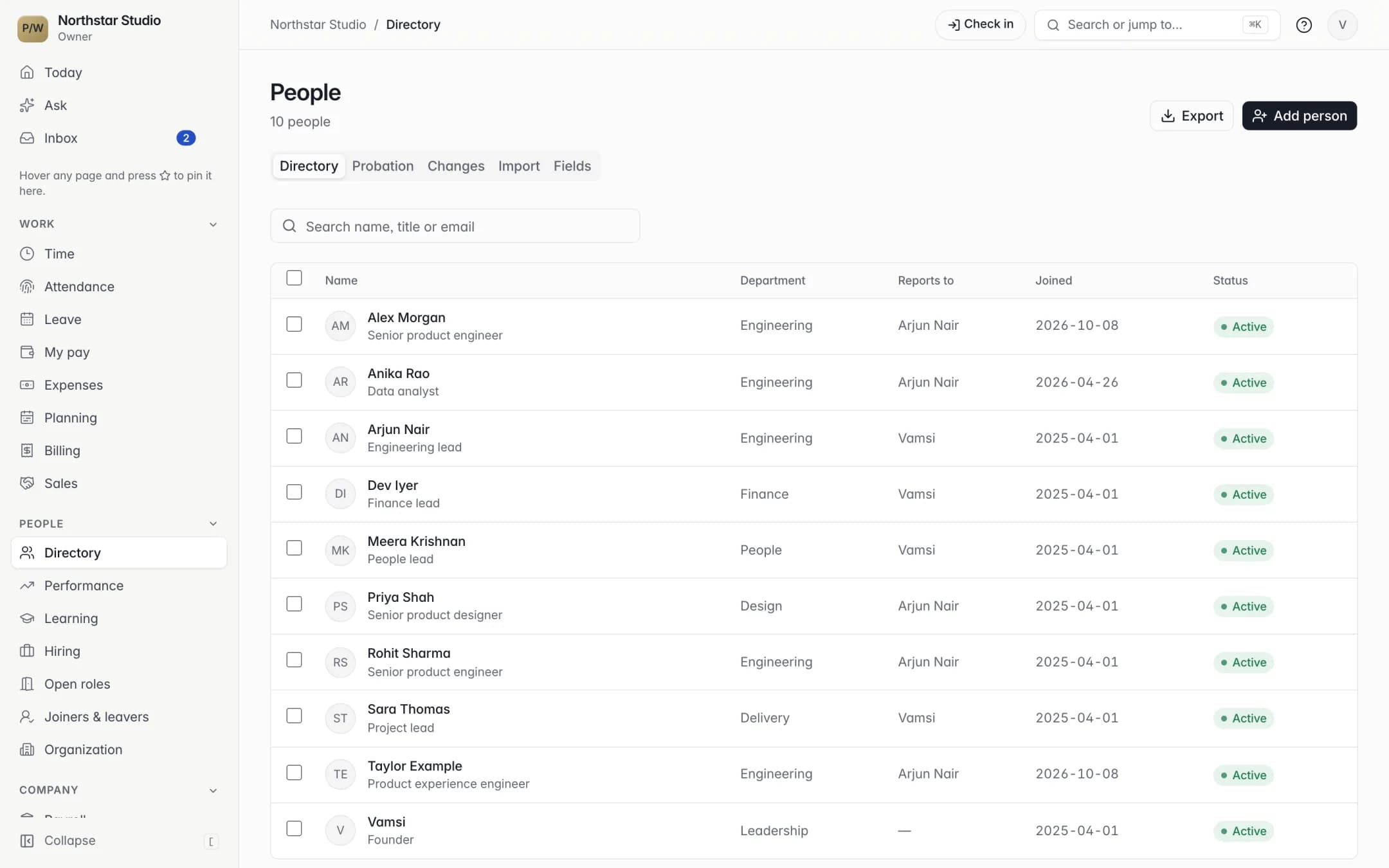 The People directory listing employees with title, department and status